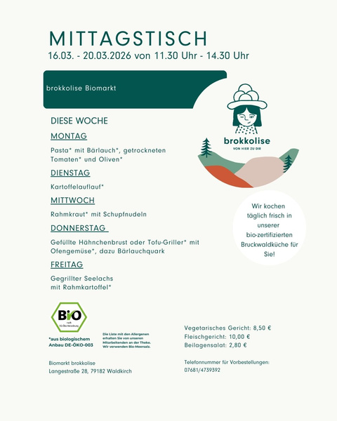 KI generiert: Das Bild zeigt den Mittagstischplan des Biomarkts "brokkolise" für die Woche vom 24. bis 28. Februar 2025 mit einer Auswahl an täglichen Gerichten. Die Karte bietet Details zu den angebotenen Speisen, einschließlich vegetarischer und Fleischoptionen, sowie den Preisen.