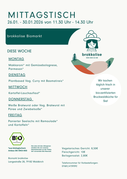 KI generiert: Das Bild zeigt den Mittagstischplan des Biomarkts "brokkolise" für die Woche vom 24. bis 28. Februar 2025 mit einer Auswahl an täglichen Gerichten. Die Karte bietet Details zu den angebotenen Speisen, einschließlich vegetarischer und Fleischoptionen, sowie den Preisen.