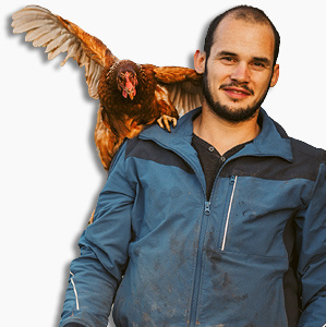 KI generiert: Mann in blauer Jacke mit einem Huhn auf der Schulter.