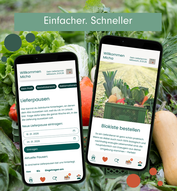 KI generiert: Zwei Smartphones zeigen eine App für Biokisten-Bestellung vor Gemüsehintergrund. Text: "Einfacher. Schneller" und mehr.