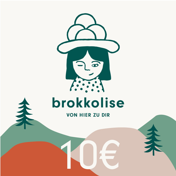 KI generiert: Illustration eines Mädchens mit einer Blume auf dem Kopf, Text: "brokkolise von hier zu dir, 10€".