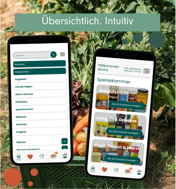 KI generiert: Smartphones zeigen eine Einkaufs-App vor Gemüse. Text: "Übersichtlich. Intuitiv".