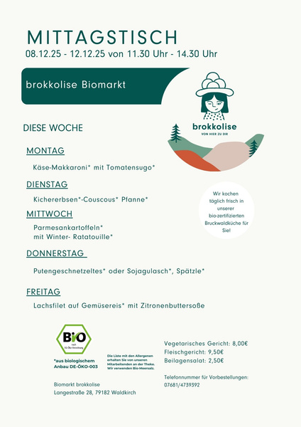 KI generiert: Das Bild zeigt den Mittagstischplan des Biomarkts "brokkolise" für die Woche vom 24. bis 28. Februar 2025 mit einer Auswahl an täglichen Gerichten. Die Karte bietet Details zu den angebotenen Speisen, einschließlich vegetarischer und Fleischoptionen, sowie den Preisen.