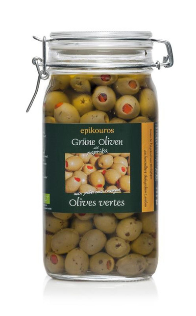 Produktfoto zu Grüne Oliven in Kräuteröl mit Paprika