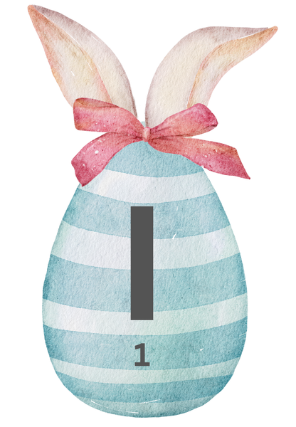 KI generiert: Illustration eines gestreiften Ostereis mit Schleife und Hasenohren. Text: "1".