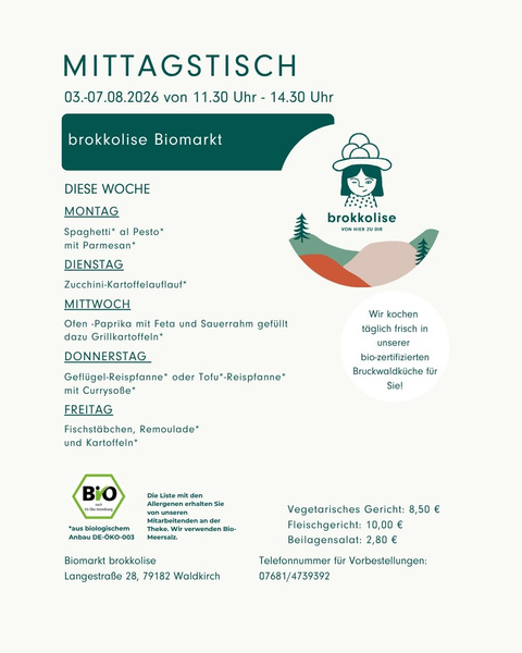 KI generiert: Das Bild zeigt den Mittagstischplan des Biomarkts "brokkolise" für die Woche vom 24. bis 28. Februar 2025 mit einer Auswahl an täglichen Gerichten. Die Karte bietet Details zu den angebotenen Speisen, einschließlich vegetarischer und Fleischoptionen, sowie den Preisen.