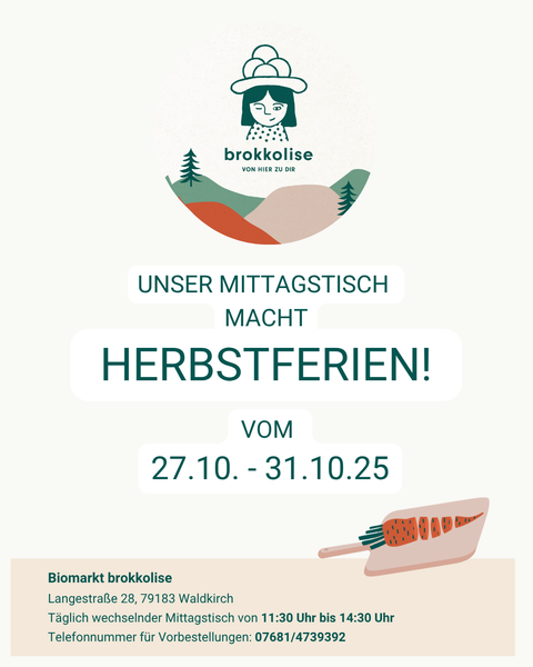 KI generiert: Das Bild zeigt den Mittagstischplan des Biomarkts "brokkolise" für die Woche vom 24. bis 28. Februar 2025 mit einer Auswahl an täglichen Gerichten. Die Karte bietet Details zu den angebotenen Speisen, einschließlich vegetarischer und Fleischoptionen, sowie den Preisen.