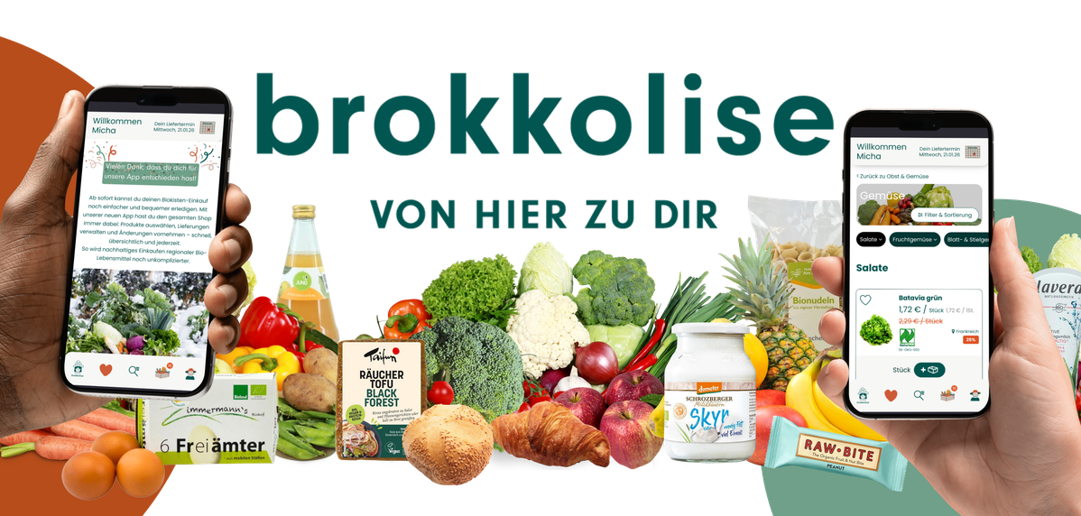 KI generiert: Zwei Hände halten Smartphones vor einer Auswahl an frischem Obst und Gemüse. Text: "brokkolise VON HIER ZU DIR".