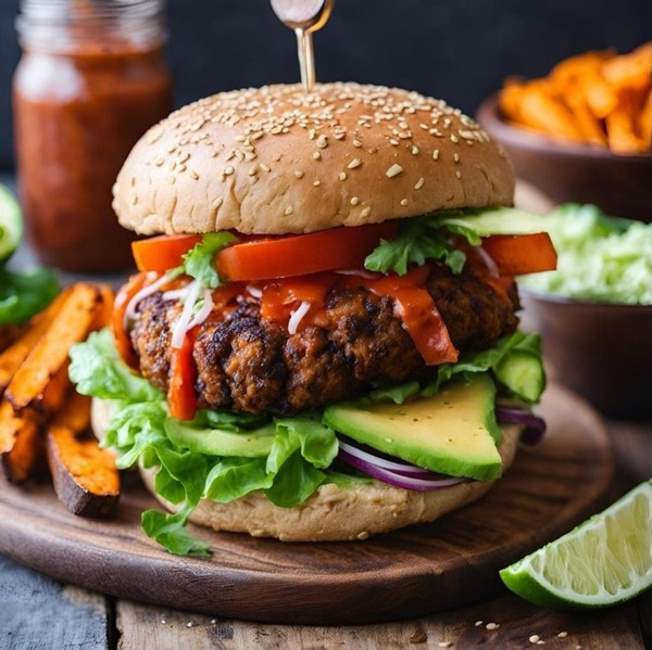 Produktfoto zu Falafel-Burger mit Süßkartoffel-Pommes