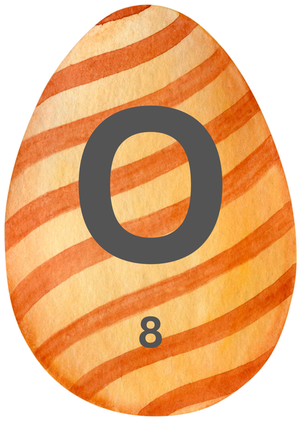 KI generiert: Das Bild zeigt ein gestreiftes, orangefarbenes Ei mit der Nummer 08 und dem Buchstaben O.