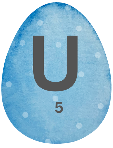 KI generiert: Blaues Ei mit Punkten, Buchstabe "U" und Zahl "5".
