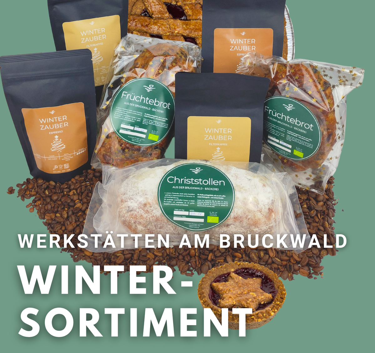 KI generiert: Verschiedene Winterprodukte: Fruchtbrot, Christstollen, Kaffee von "Werkstätten am Bruckwald". Text: "WINTER-SORTIMENT".
