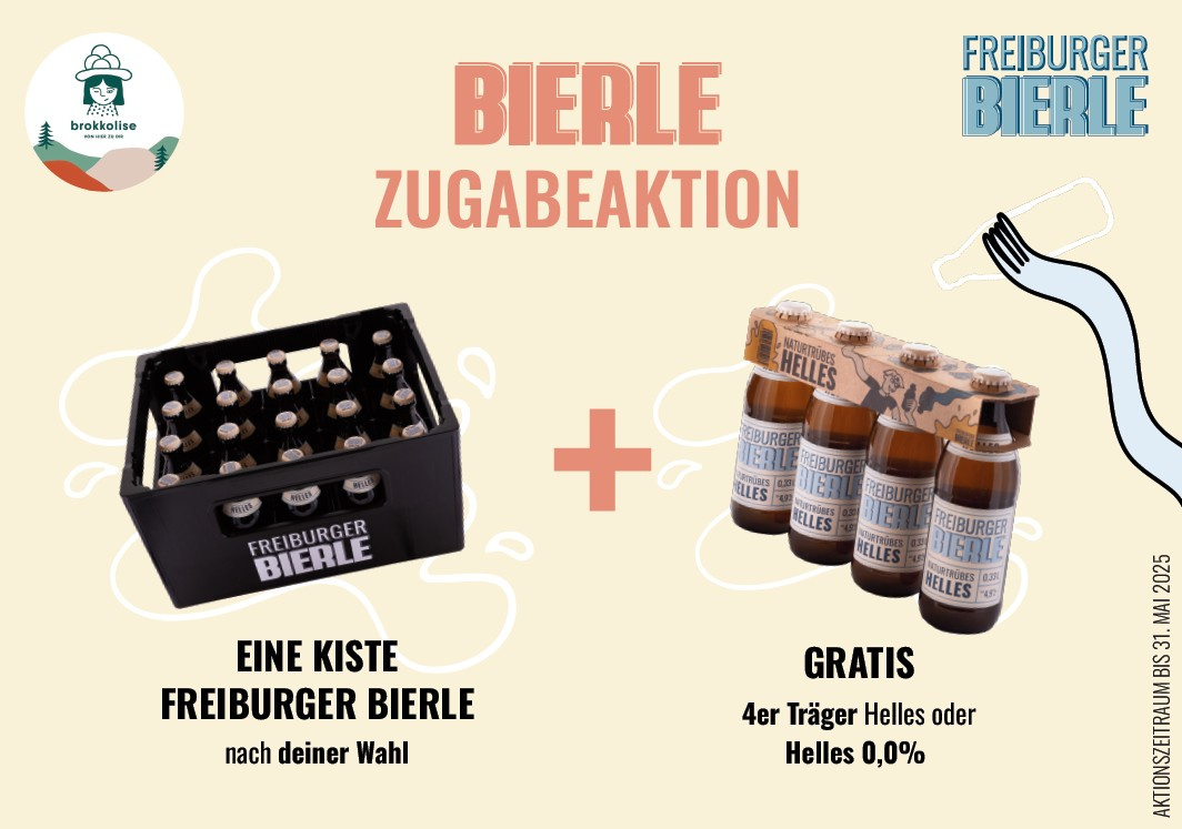 KI generiert: Aktion: Kaufe eine Kiste Freiburger Bierle, erhalte 4er Träger Helles gratis. Gültig bis 31. Mai 2025.