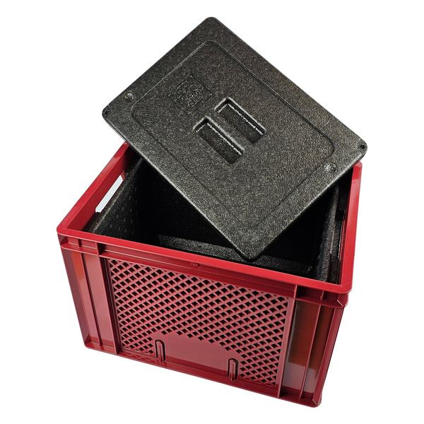 KI generiert: Rote Kunststoffkiste mit offenem, schwarzem Deckel aus Styropor, zeigt Innenansicht der Isolierung.