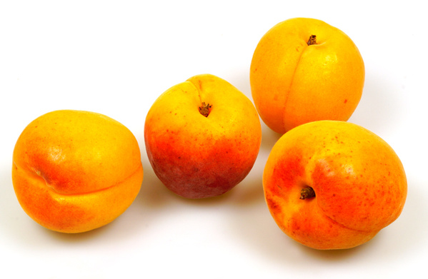 KI generiert: Vier gelbe und rote Aprikosen auf weißem Hintergrund.