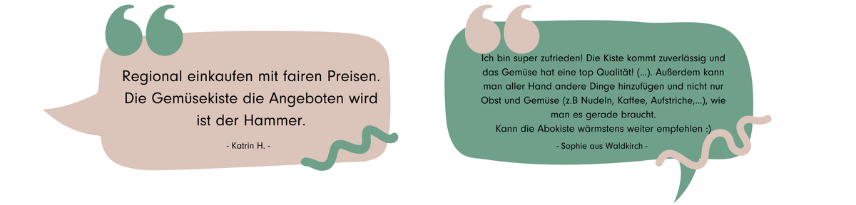 KI generiert: Zwei positive Kundenbewertungen über eine Gemüsekiste. 
- „Regional einkaufen mit fairen Preisen..."
- „Ich bin super zufrieden! Die Kiste kommt..."