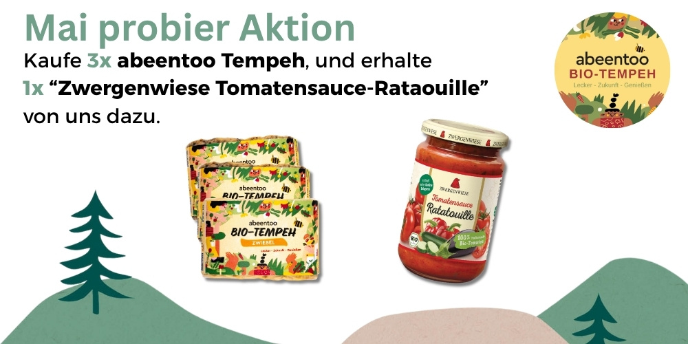 KI generiert: Mai Aktion: Kaufe 3x abeentoo Tempeh, erhalte 1x "Zwergenwiese Tomatensauce-Ratatouille" dazu.