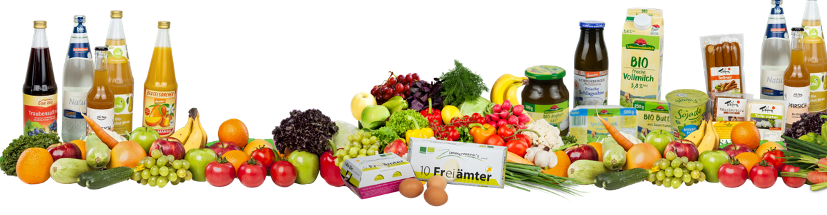 KI generiert: Eine Auswahl an Obst, Gemüse und Getränken, darunter Saftflaschen und Eierpackung mit der Aufschrift "10 Freilandeier".