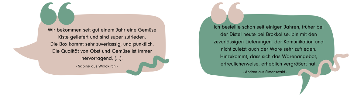 KI generiert: Zwei Zitate zu Lieferzufriedenheit werden gezeigt:
1. "Wir bekommen seit gut einem Jahr eine Gemüse..."
2. "Ich bestelle schon seit einigen Jahren..."
