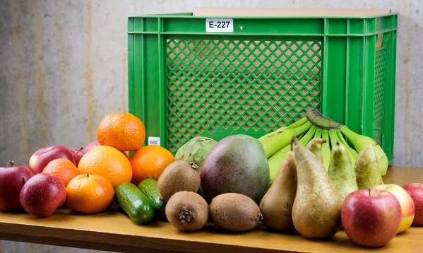 KI generiert: Kiste mit Bananen, Orangen, Äpfeln, Birnen, Kiwis, Mango, Artischocke und Gurke. Text: E-227.