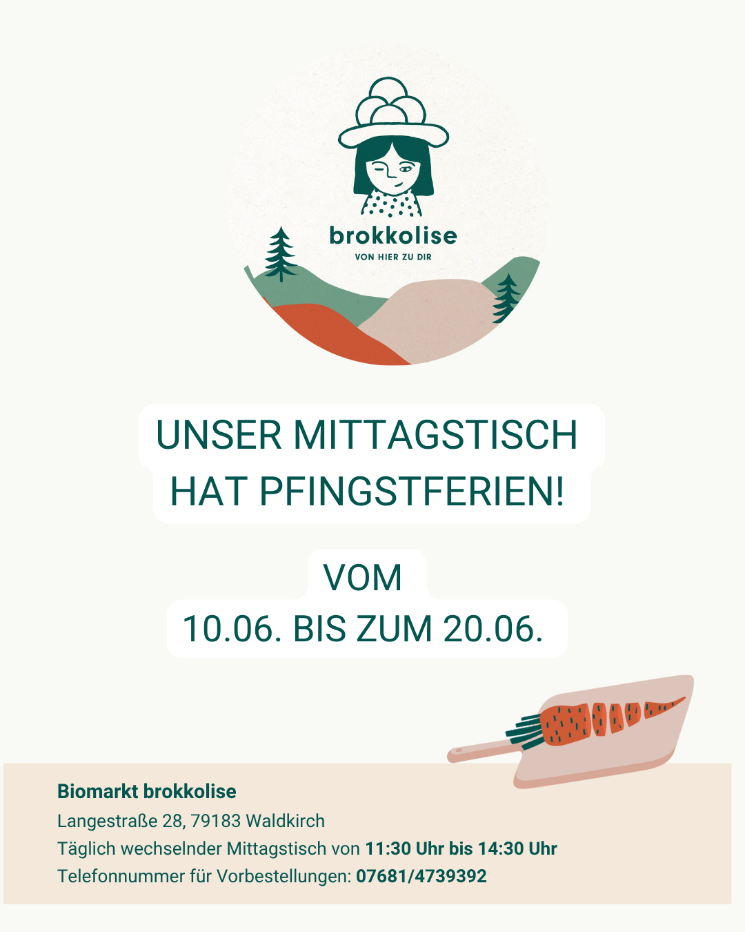 KI generiert: Das Bild zeigt den Mittagstischplan des Biomarkts "brokkolise" für die Woche vom 24. bis 28. Februar 2025 mit einer Auswahl an täglichen Gerichten. Die Karte bietet Details zu den angebotenen Speisen, einschließlich vegetarischer und Fleischoptionen, sowie den Preisen.