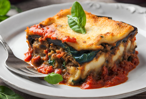 KI generiert: Ein Stück Lasagne auf einem Teller mit Basilikum.