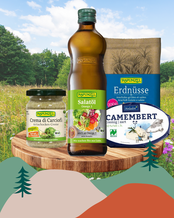 KI generiert: Hauptinhalt: Bio-Produkte von Rapunzel. Text: "Wir machen Bio aus Liebe".