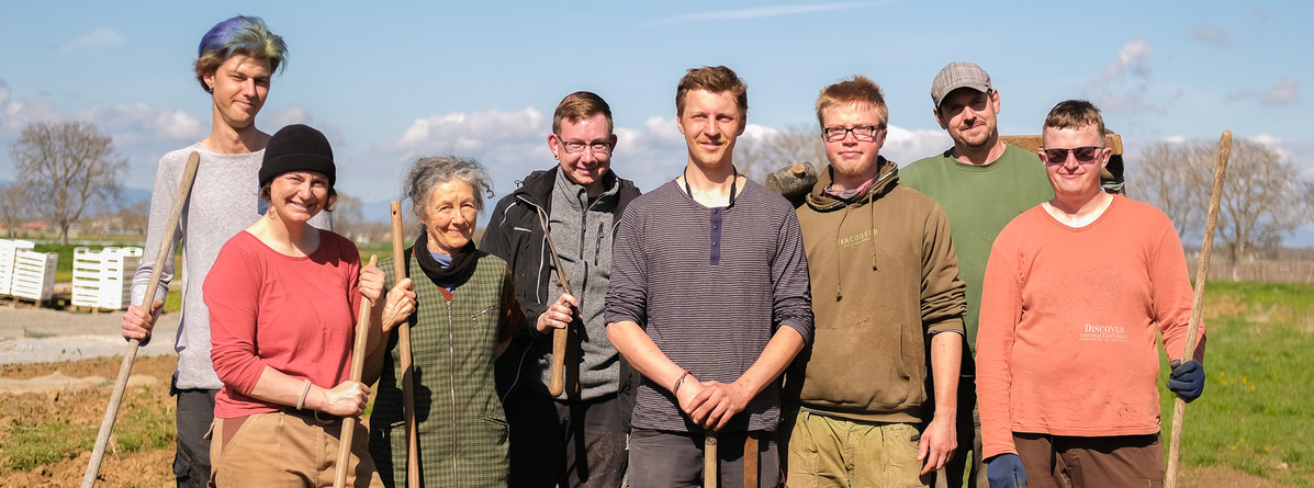 KI generiert: Eine Gruppe von acht Menschen steht mit Gartenwerkzeugen auf einem Feld.