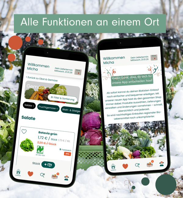 KI generiert: Zwei Smartphones zeigen eine App für Biokisten-Einkäufe. Text: "Alle Funktionen an einem Ort".