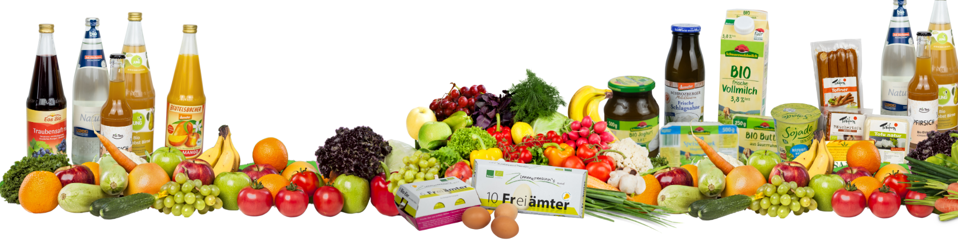 KI generiert: Eine Auswahl an Obst, Gemüse und Getränken, darunter Saftflaschen und Eierpackung mit der Aufschrift "10 Freilandeier".