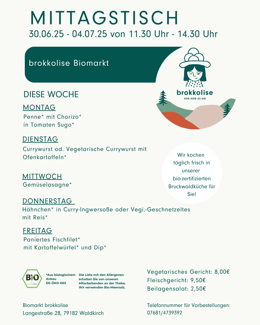 KI generiert: Das Bild zeigt den Mittagstischplan des Biomarkts "brokkolise" für die Woche vom 24. bis 28. Februar 2025 mit einer Auswahl an täglichen Gerichten. Die Karte bietet Details zu den angebotenen Speisen, einschließlich vegetarischer und Fleischoptionen, sowie den Preisen.