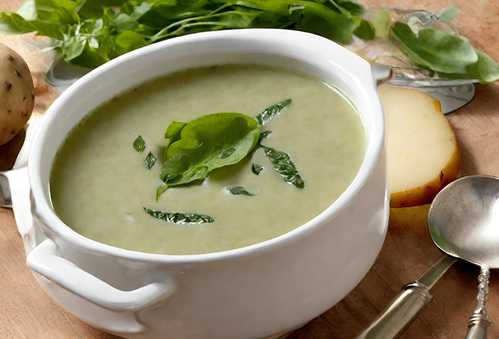 KI generiert: Ein Teller mit grüner Suppe, garniert mit Blättern, auf einem Holztisch mit Besteck und Kartoffelscheiben.