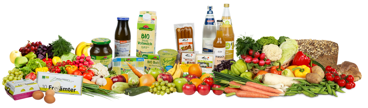 KI generiert: Verschiedene Bio-Lebensmittel, darunter Obst, Gemüse, Getränke und Eier in ansprechender Anordnung.