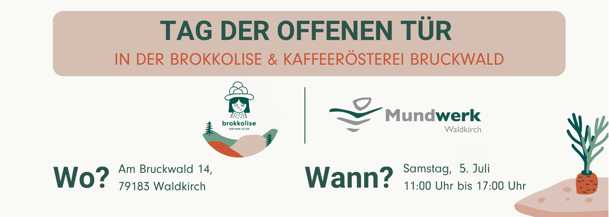 KI generiert: Tag der offenen Tür in der Brokkolise & Kaffeerösterei Bruckwald, 5. Juli, 11:00-17:00, Am Bruckwald 14, Waldkirch.