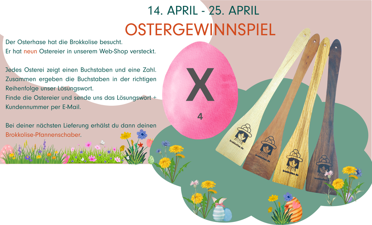 KI generiert: Ostergewinnspiel-Ankündigung mit farbigem Ei, Text und Bratwendern. Text: "14. APRIL - 25. APRIL OSTERGEWINNSPIEL..."
