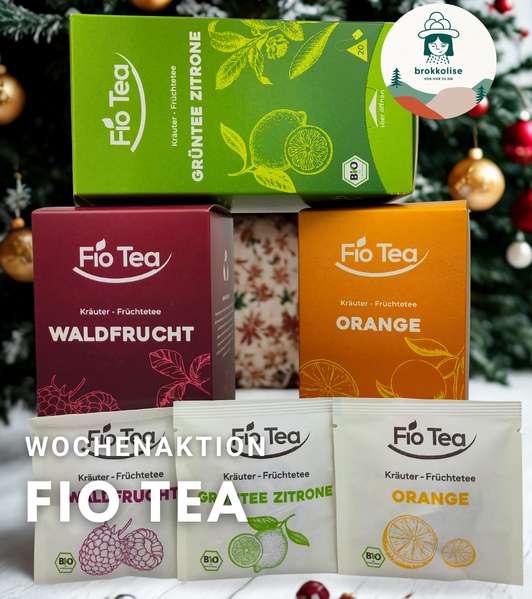 KI generiert: Hier sind verschiedene Tee-Packungen von "Fío Tea". Text: "WOCHENAKTION FÍO TEA".