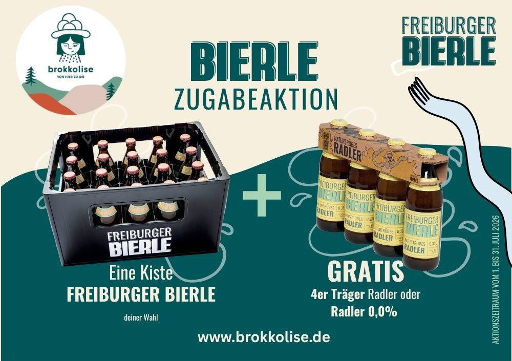 KI generiert: Eine Werbeanzeige für Freiburger Bierle mit Zugabeaktion: Gratis 4er-Träger Radler beim Kauf einer Kiste.