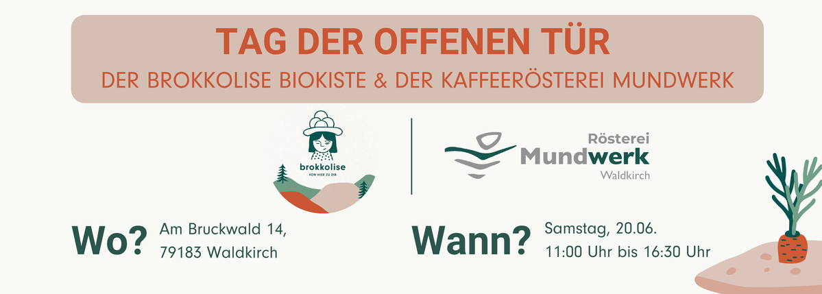 KI generiert: Tag der offenen Tür der Brokkolise Biokiste und Kaffeerösterei Mundwerk am 20.06. in Waldkirch.