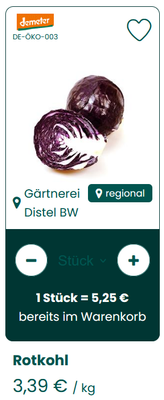 KI generiert: Rotkohl von Gärtnerei Distel BW, Preis: 3,39 €/kg, 1 Stück = 5,25 €, bereits im Warenkorb.