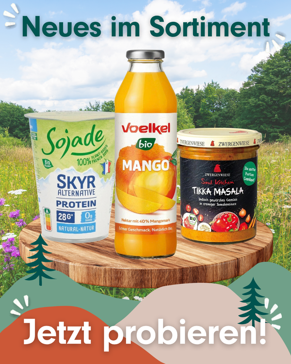 KI generiert: Das Bild zeigt neue Produkte im Sortiment: Soja-Skyr-Alternative mit Mango und Tikka Masala.