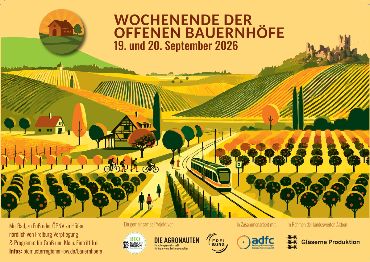 KI generiert: Veranstaltung zu offenen Bauernhöfen mit Landschaft und Tram. Text: "WOCHENENDE DER OFFENEN BAUERNHÖFE 19. und 20. September 2026".